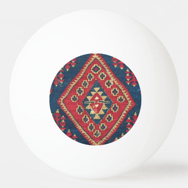 Turkisk Kilim Matta Runtgods Röd Blå Pingisboll (Framsidan)