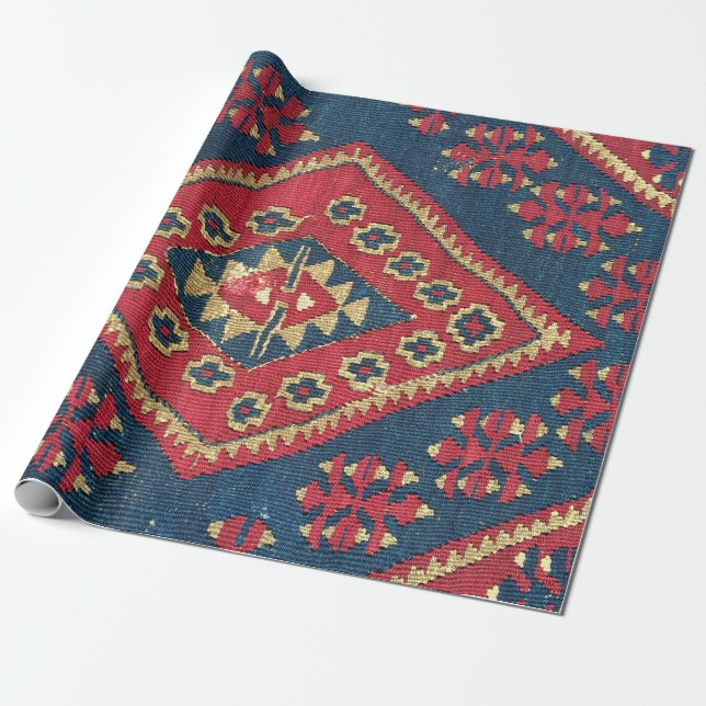 Turkisk Kilim Matta Runtgods Röd Blå Presentpapper (Utrullad)