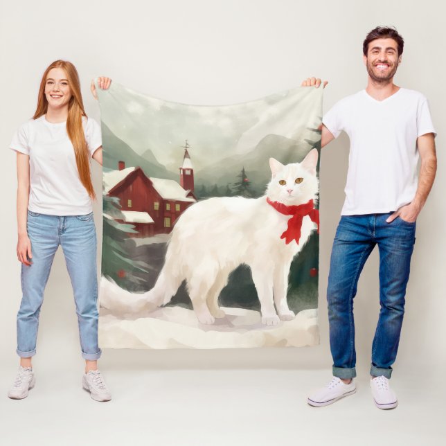 Turkiska angora Cat i julen i Snö Fleecefilt (På plats)