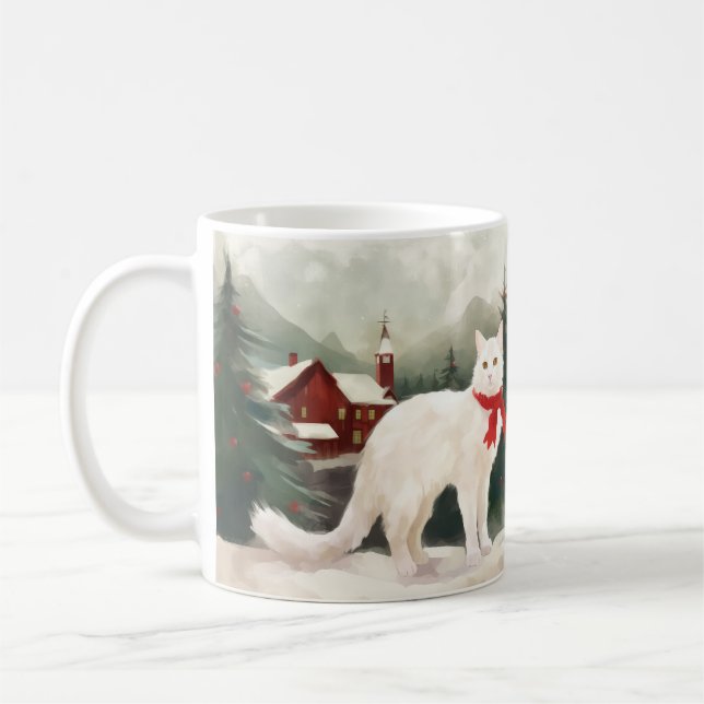 Turkiska angora Cat i julen i Snö Kaffemugg (Vänster)