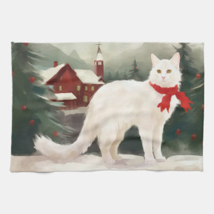 Turkiska angora Cat i julen i Snö Kökshandduk