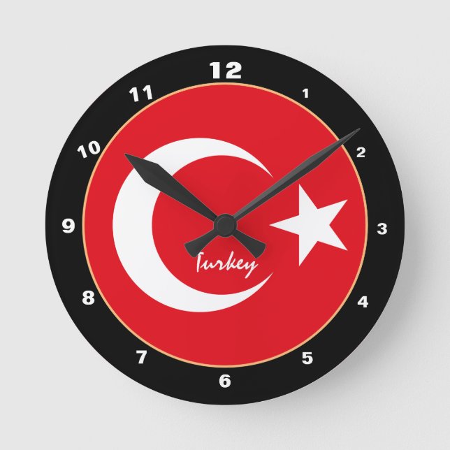 Turkiska Flagga, Turkiets patriotiska hem/design Rund Klocka (Framsida)
