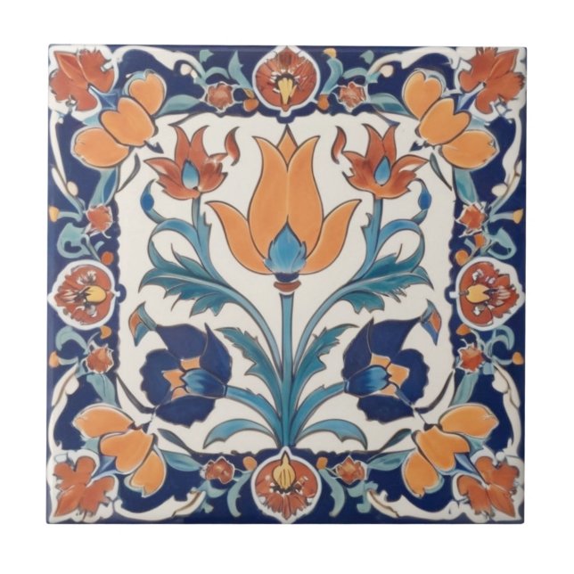 Turkiska Gröntar för ornate Blommigt Blue Orange F Kakelplatta (Framsidan)