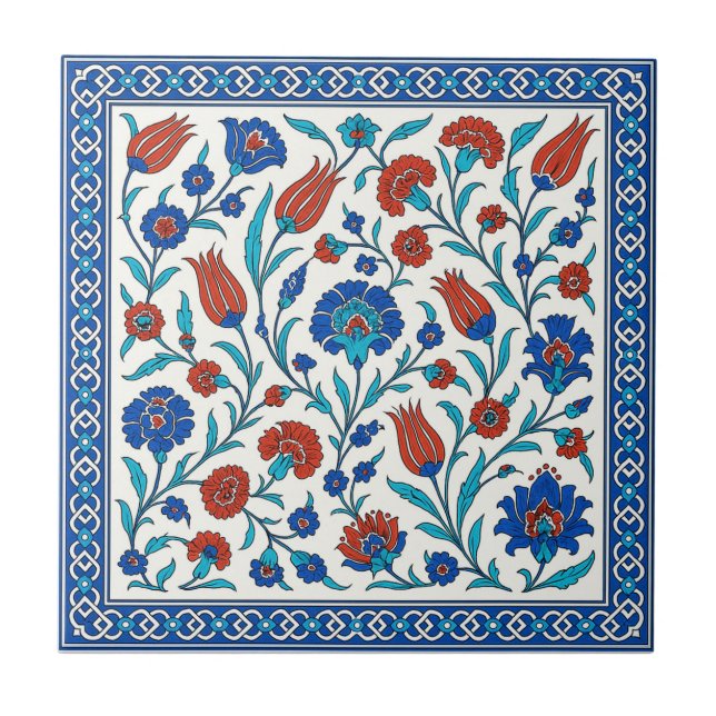 Turkiska Iznik Blommigt Tile Art in Blue & Red Kakelplatta (Framsidan)