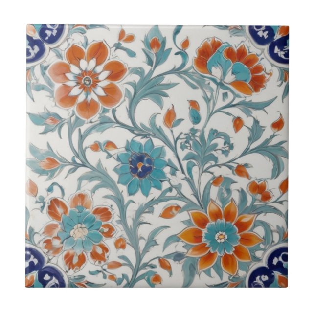 Turkiska ottomanska Blommigten Blue Orange Grönt F Kakelplatta (Framsidan)