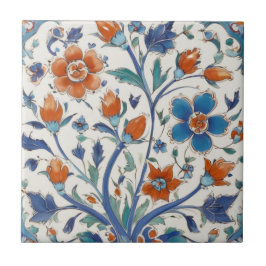 Turkiska ottomanska Vintagen Blommigt Blue & Red F Kakelplatta