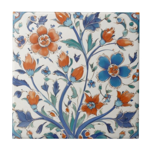 Turkiska ottomanska Vintagen Blommigt Blue & Red F Kakelplatta (Framsidan)