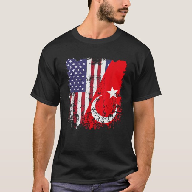 Turkiska rötter Halvamerikanska Flagga Turkiet Fla T Shirt (Framsida)