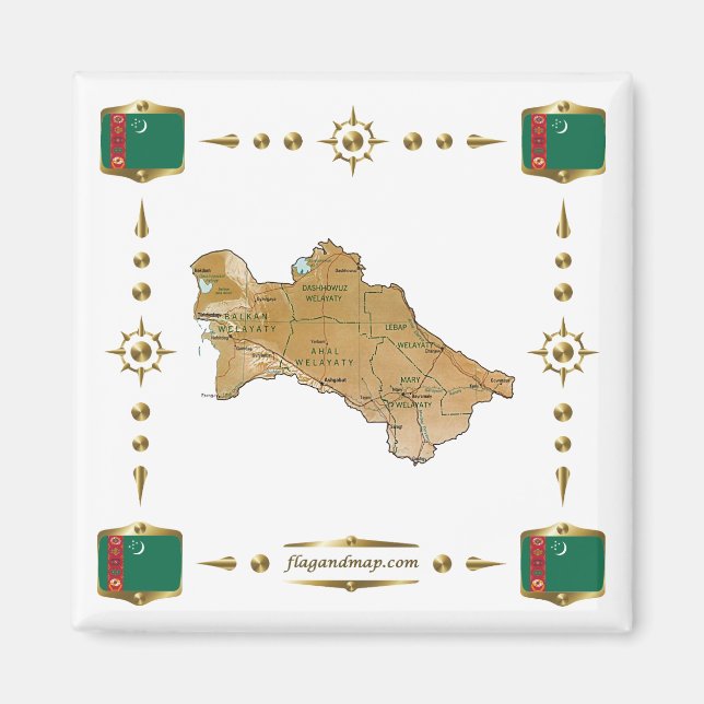 Turkmenistan Karta + Flaggor Magnet (Framsidan)