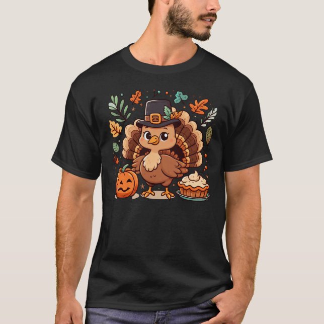 Turkon och pumpa av Thanksgiving för Tecknad T Shirt (Framsida)