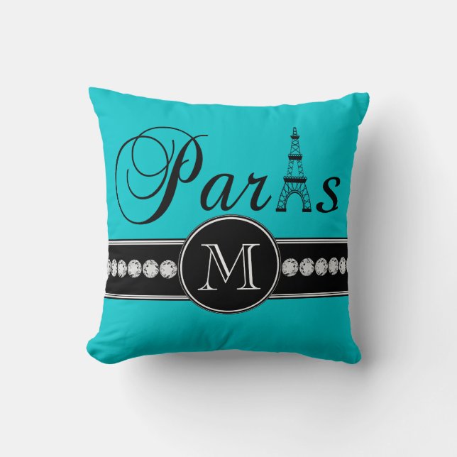 Turkos 00c5cd Monogrammed svart Paris Kudde (Framsida)