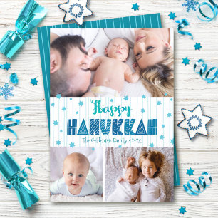 Turkos 3 Photo Lycklig Hanukkah Modern Typografi Julkort