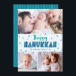 Turkos 3 Photo Lycklig Hanukkah Modern Typografi Julkort<br><div class="desc">"Lycklig Hanukkah." Roligt, lekfull, vismisk, handgjord typografi tillsammans med en slumpmässig stjärna av David mönster i ljusblå blått, allt överliggande ljust akvblått hand plockade linjer på vit bakgrund, tillsammans med tre foton av ditt eget val, hjälper dig att gå in i Hanukah. Hand plockade-turkos linjer täcker över en tårblått bakgrund...</div>