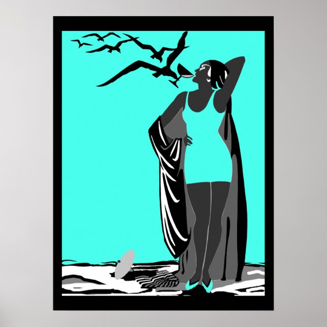 Turkos affisch ART DECO DAM Black White fåglar (Framsidan)