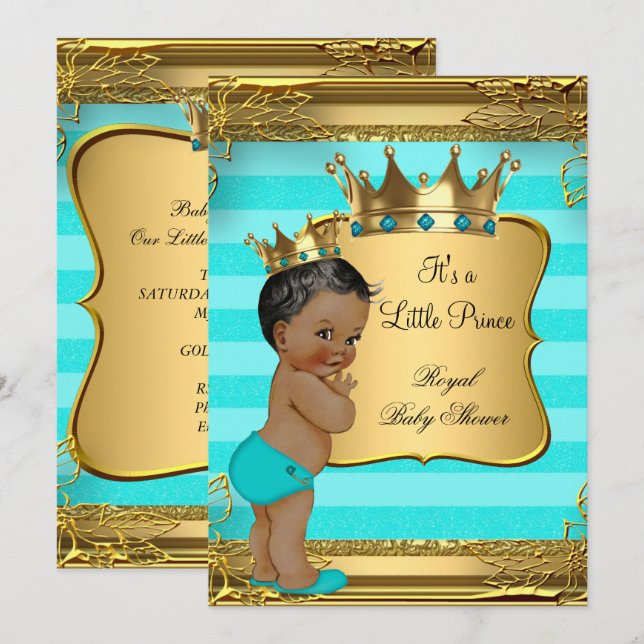 Turkos African American Prince Baby Shower Inbjudningar (Fram/baksida)