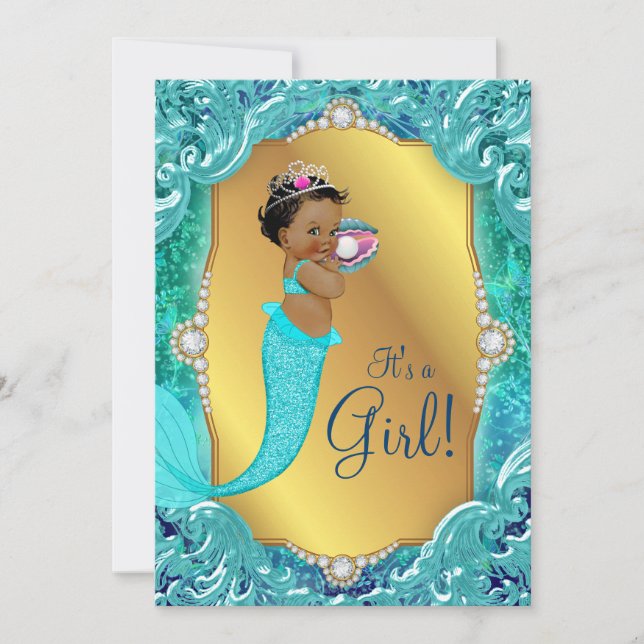 Turkos afroamerikansk havsfrus baby shower inbjudningar (Framsida)