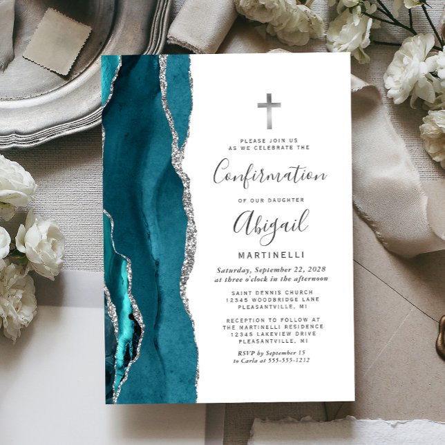 Turkos Agat Silver Glitter Konfirmation Inbjudningar (Skapare uppladdad)