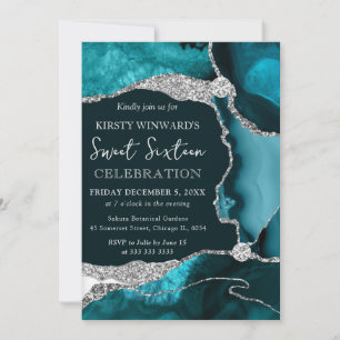 Turkos Agat & Silver Glitter Sweet Sixteen Inbjudningar