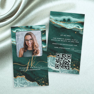 Turkos Agate Guld Glitter Monogram Photo QR Visitkort