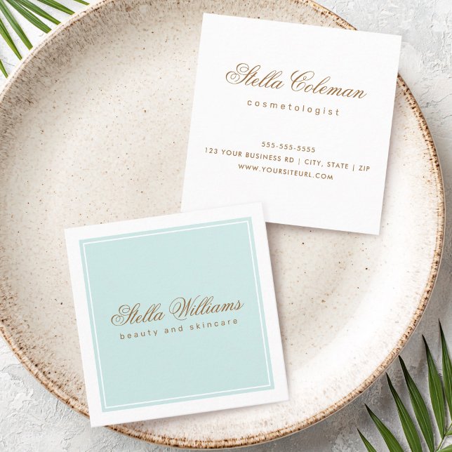 Turkos akva blå skönhet hudvård minimalistisk fyrkantigt visitkort (Turquoise aqua blue beauty skincare minimalist square business card)