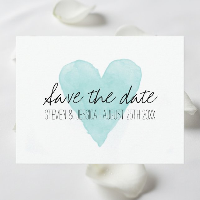 Turkos akvarellhjärta spara datum-kort meddelande vykort (save the date postcard with aqua blue heart)
