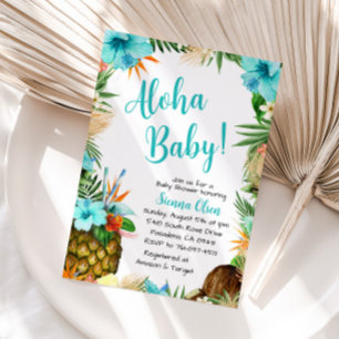 Turkos Aloha Baby Shower, Hawaiianskt Luau Inbjudningar