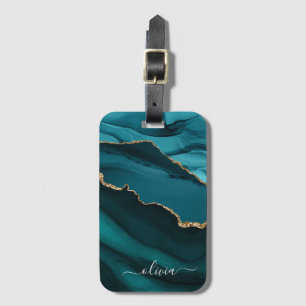 Turkos Aqua Blå Grön Agat Geod Guld Monogram Bagagebricka