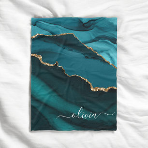 Turkos Aqua Blå Grön Agat Geod Guld Monogram Fleecefilt