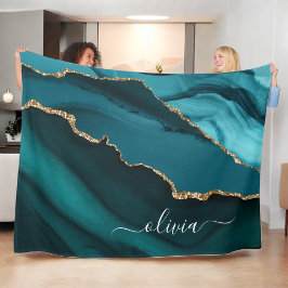 Turkos Aqua Blå Grön Agat Geod Guld Monogram Fleecefilt