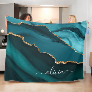 Turkos Aqua Blå Grön Agat Geod Guld Monogram Fleecefilt