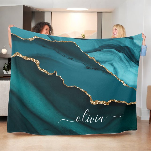 Turkos Aqua Blå Grön Agat Geod Guld Monogram Fleecefilt (Skapare uppladdad)