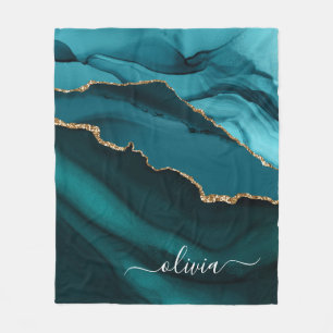 Turkos Aqua Blå Grön Agat Geod Guld Monogram Fleecefilt