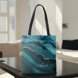 Turkos Aqua Blå Grön Agat Geod Guld Monogram Tygkasse
