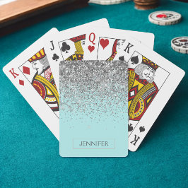 Turkos Aqua Blå Silver Glitter Feminint Förnamn Casinokort