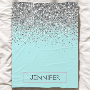 Turkos Aqua Blå Silver Glitter Girlig Monogram Nam Fleecefilt