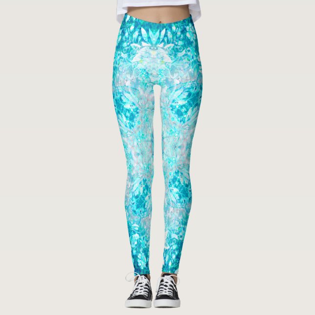 Turkos Aqua Blue-Blommönster Leggings (Framsida)