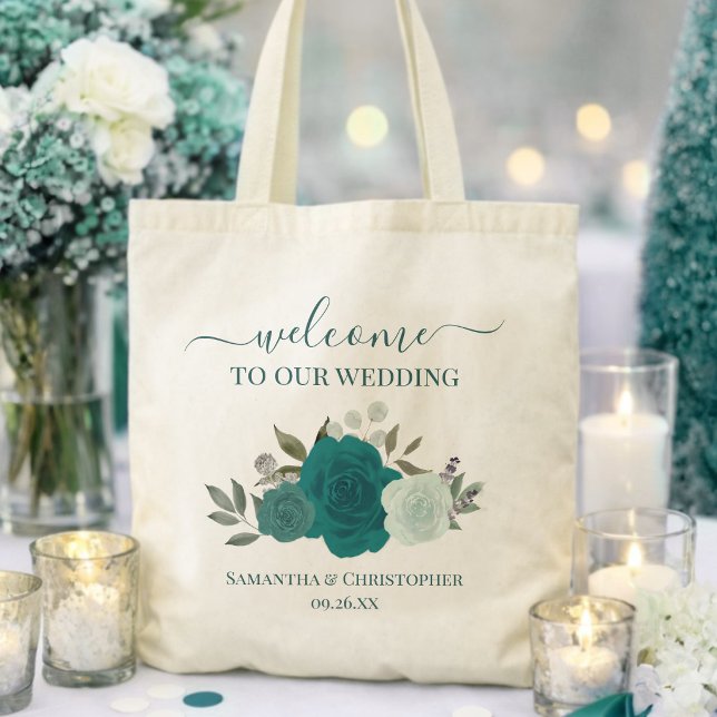 Turkos & Aqua Boho Rosor Elegant Bröllop Välkommen Tygkasse (Skapare uppladdad)