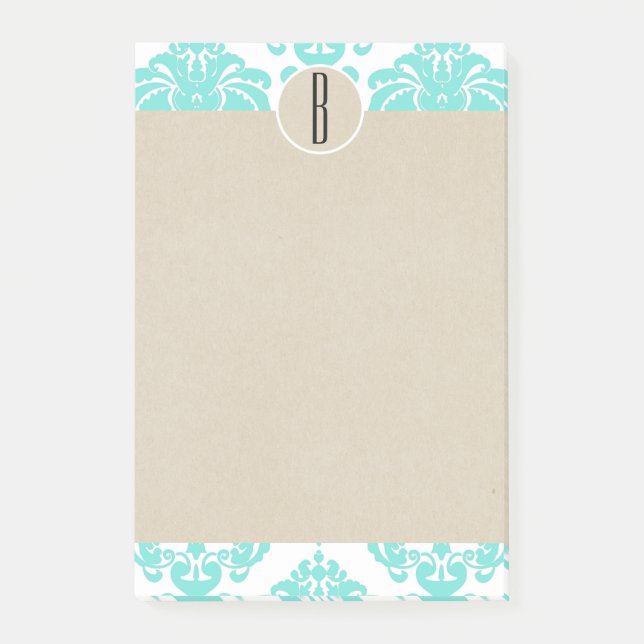 Turkos Aqua Glam Damast Kraft Monogram Initialboks Post-it Block (Framsida)