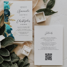 Turkos Aqua Guld Blommig QR-kod Bröllop Inbjudningar