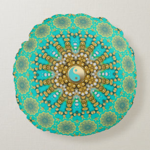 Turkos Aqua Guld Yin Yang Strand Mandala Rund Kudde