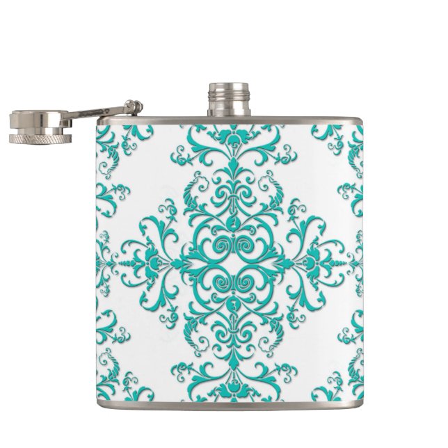 Turkos Aqua och Vit Fancy Blommig Damast Fickplunta (Öppnad)