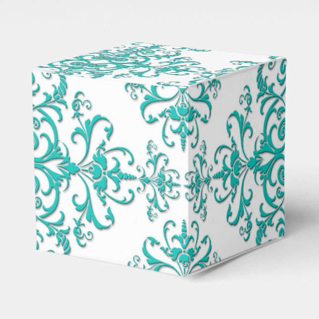 Turkos Aqua och Vit Fancy Blommig Damast Presentaskar (Framsidan Sidan)