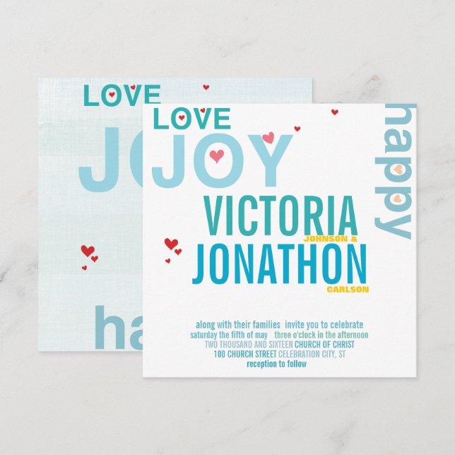 Turkos Aqua Red Heart Modern Typography Bröllop Inbjudningar (Fram/baksida)