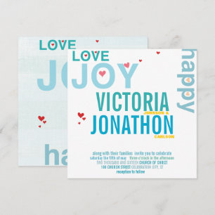 Turkos Aqua Red Heart Modern Typography Bröllop Inbjudningar