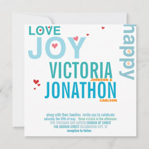 Turkos Aqua Red Heart Modern Typography Bröllop Inbjudningar