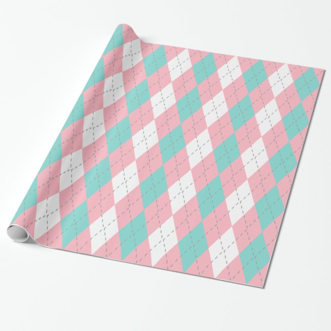 Turkos Aqua Rosa Dk Grått Wht XL Argyle Presentpapper (Utrullad)