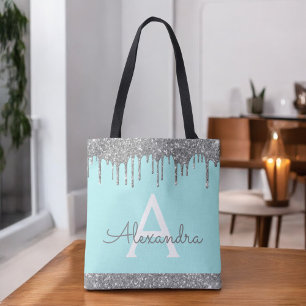 Turkos Aqua Silver Glitter Glans Elegant Monogram Tygkasse