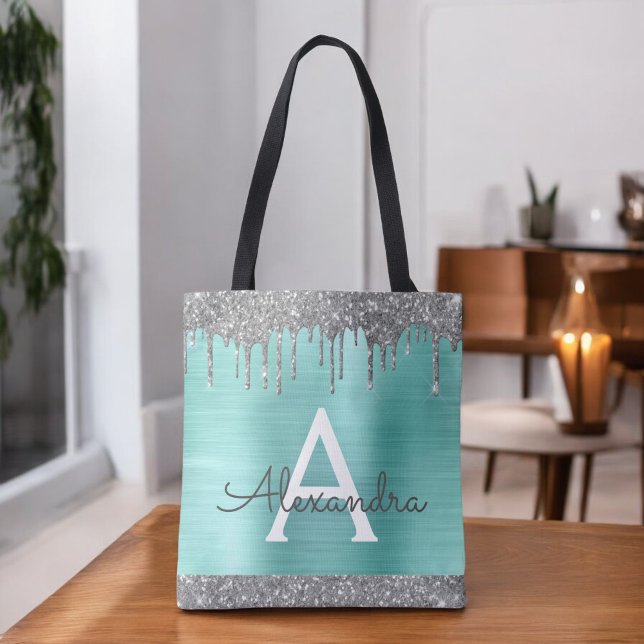Turkos Aqua Silver Glitter Gnistrande Elegant Mono Tygkasse (Skapare uppladdad)