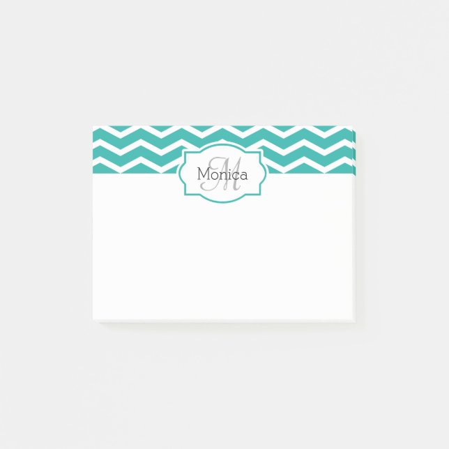 Turkos Aqua Teal Chevron Namn Monogrammed Post-it Block (Framsida)