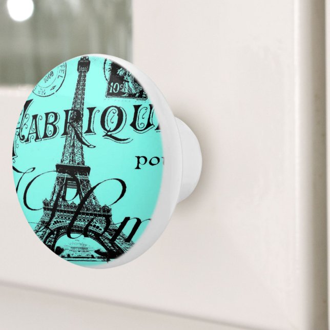 Turkos aqua teal scripts Paris Eiffel Torn Knopp (turquoise aqua teal scripts Paris Eiffel Tower Ceramic Knob)